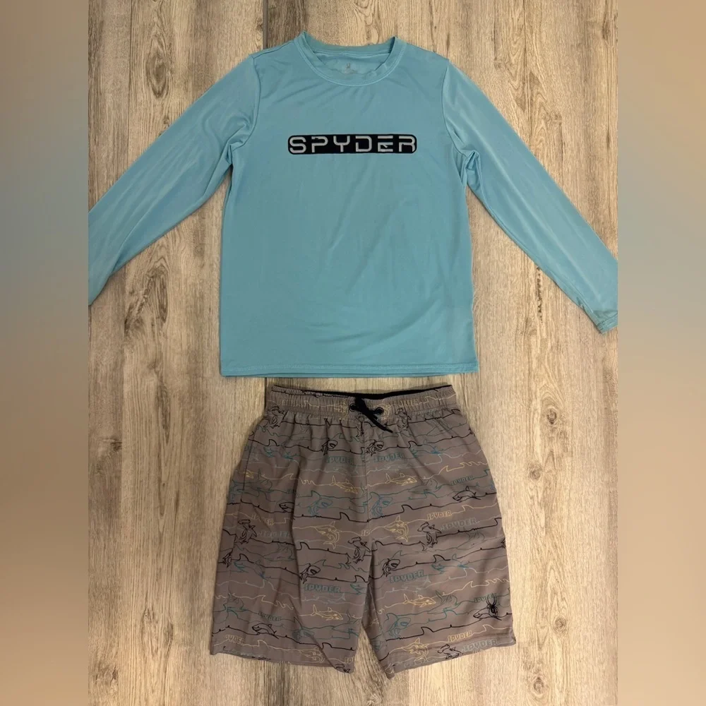 Spyder Blue Long Sleeve Swim Shirt and Shark Patterned  Bathing suit Shorts Set